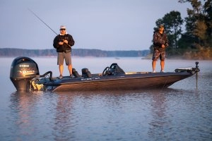 zx150 affordable bass boat with two men fishing